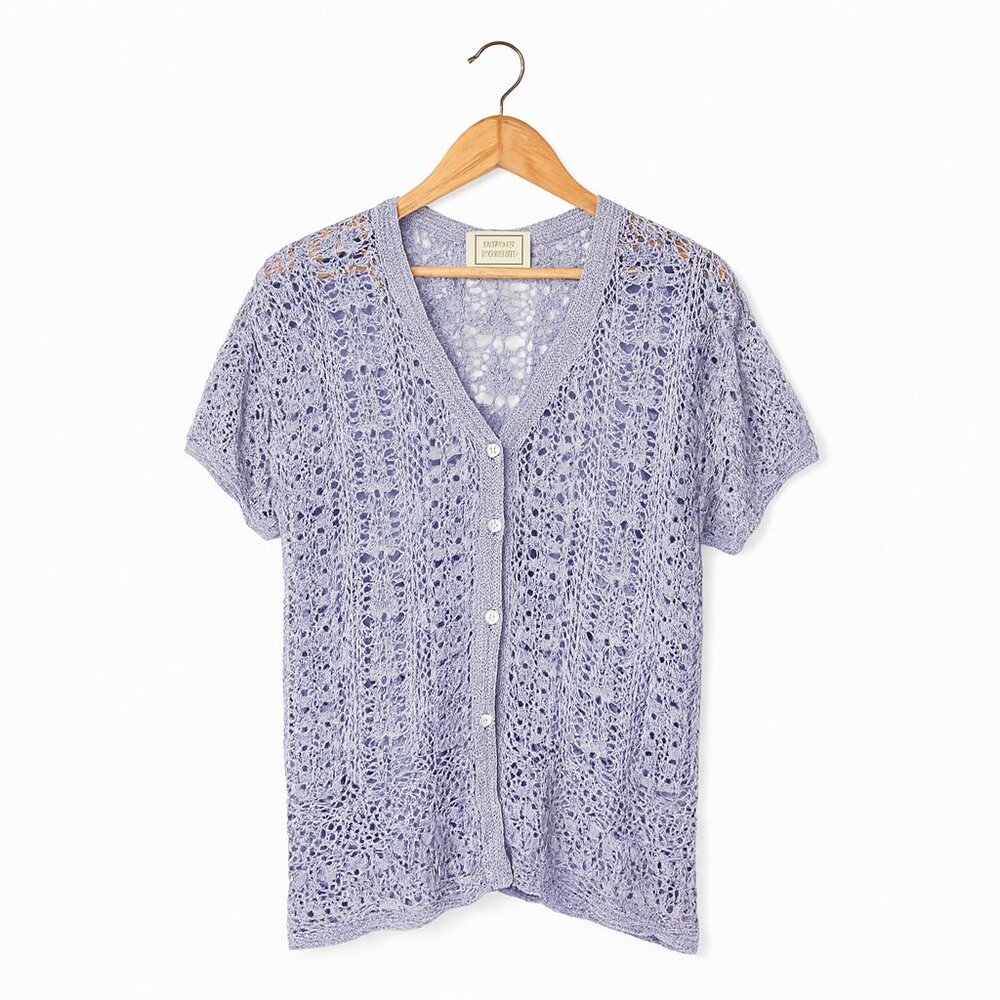 BEECHERS BROOK | Light Purple Crochet Short Sleeve Cardigan – Women’s Large